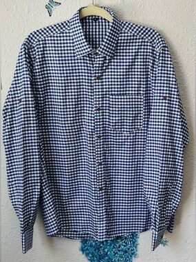 Men's Blue and White Gingham Button-Down Shirt